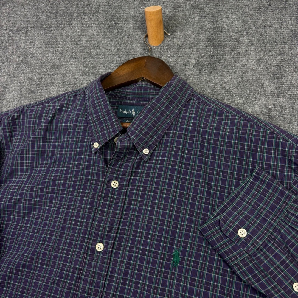 Ralph Lauren Button Down Shirt Mens XXL Purple Green Plaid Custom Fit Cotton